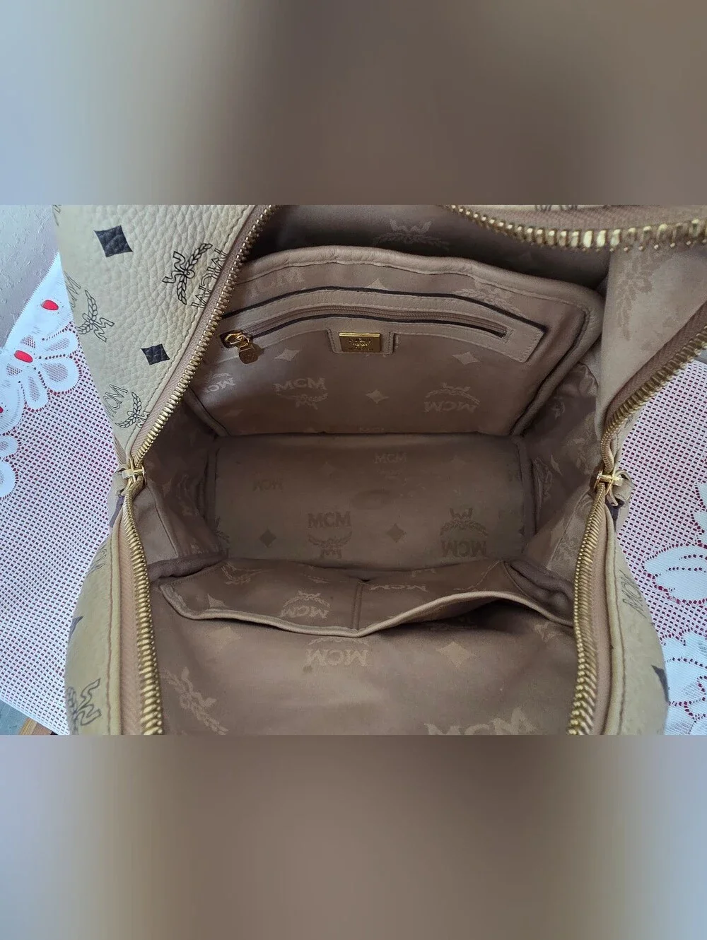 MCM Cream Monogram Medium Backpack AUTHENTIC